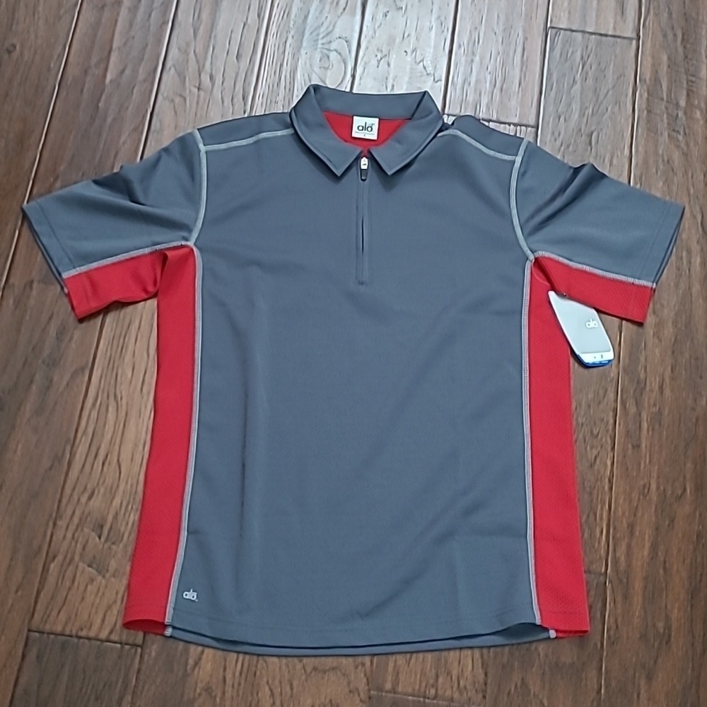 NWT ALO Yoga Grey & Red CoolFit Zip Neck Polo Shirt size Small